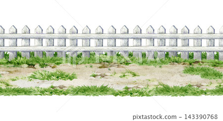White picket fence with grass and dirt path isolated on white. Watercolor hand painted landscape seamless border element for garden design, countryside scenes, game assets and outdoor themed projects White picket fence with grass and dirt path isolated on white. Watercolor hand painted landscape seamless border element for garden design, countryside scenes, game assets and outdoor themed projects 143390768