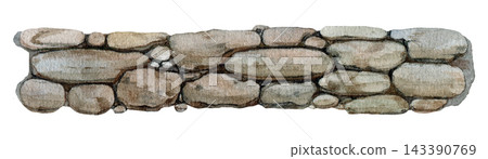 Stone wall border isolated on white background. Watercolor hand painted masonry element for game assets, map design, landscape projects, medieval scenes and rustic environment graphics Stone wall border isolated on white background. Watercolor hand painted masonry element for game assets, map design, landscape projects, medieval scenes and rustic environment graphics 143390769
