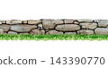 Stone wall seamless border with grass isolated on white. Hand painted watercolor landscape element for game assets, garden design, map making, outdoor branding and rustic projects 143390770