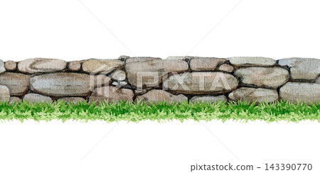 Stone wall seamless border with grass isolated on white. Hand painted watercolor landscape element for game assets, garden design, map making, outdoor branding and rustic projects Stone wall seamless border with grass isolated on white. Hand painted watercolor landscape element for game assets, garden design, map making, outdoor branding and rustic projects 143390770