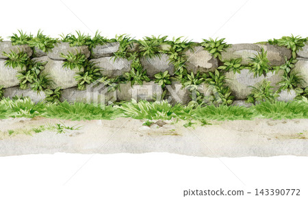 Overgrown stone wall with grass and pathway isolated on white background. Watercolor hand painted landscape seamless border for fantasy maps, game assets, garden scenes and nature inspired design Overgrown stone wall with grass and pathway isolated on white background. Watercolor hand painted landscape seamless border for fantasy maps, game assets, garden scenes and nature inspired design 143390772