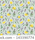 Lemon, sage leaves and lavender flowers seamless pattern watercolor illustration. Hand drawn botanical pattern for fabric, wallpaper, packaging, stationery, kitchen decor and branding 143390774