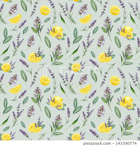 Lemon, sage leaves and lavender flowers seamless pattern watercolor illustration. Hand drawn botanical pattern for fabric, wallpaper, packaging, stationery, kitchen decor and branding Lemon, sage leaves and lavender flowers seamless pattern watercolor illustration. Hand drawn botanical pattern for fabric, wallpaper, packaging, stationery, kitchen decor and branding 143390774