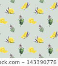 Lemon, sage leaves and lavender flowers seamless pattern watercolor illustration. Hand painted botanical pattern for fabric, wallpaper, packaging, stationery, kitchen decor and branding 143390776