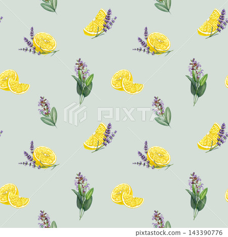 Lemon, sage leaves and lavender flowers seamless pattern watercolor illustration. Hand painted botanical pattern for fabric, wallpaper, packaging, stationery, kitchen decor and branding Lemon, sage leaves and lavender flowers seamless pattern watercolor illustration. Hand painted botanical pattern for fabric, wallpaper, packaging, stationery, kitchen decor and branding 143390776