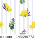 Lemon, lavender and sage seamless striped pattern, watercolor illustration. Hand painted floral pattern for fabric, wallpaper, packaging, stationery, kitchen decor, beauty branding 143390778
