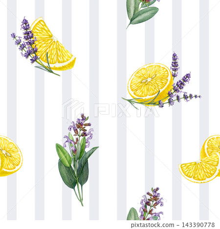 Lemon, lavender and sage seamless striped pattern, watercolor illustration. Hand painted floral pattern for fabric, wallpaper, packaging, stationery, kitchen decor, beauty branding Lemon, lavender and sage seamless striped pattern, watercolor illustration. Hand painted floral pattern for fabric, wallpaper, packaging, stationery, kitchen decor, beauty branding 143390778