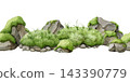 Mossy rocks and stones seamless border isolated on white background. Watercolor hand painted landscape element for game assets, map creation, terrain design and nature scenes. 143390779