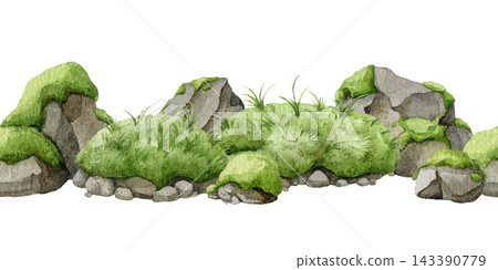 Mossy rocks and stones seamless border isolated on white background. Watercolor hand painted landscape element for game assets, map creation, terrain design and nature scenes. Mossy rocks and stones seamless border isolated on white background. Watercolor hand painted landscape element for game assets, map creation, terrain design and nature scenes. 143390779