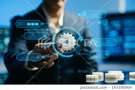 Businessman connecting mechanical gears integrated with digital AI, cloud data, and automation network icons 143390904