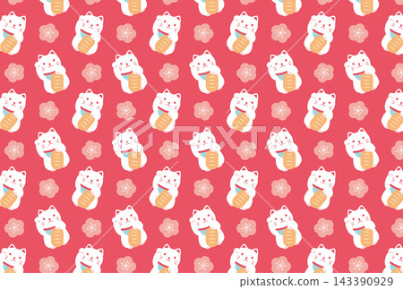 Cute lucky cat and plum blossom seamless pattern Cute lucky cat and plum blossom seamless pattern 143390929