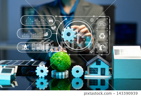 Sustainable technology concept with solar panels, gears, smart home and renewable energy graphics, representing clean energy, efficiency and environmental innovation. Sustainable technology concept with solar panels, gears, smart home and renewable energy graphics, representing clean energy, efficiency and environmental innovation. 143390939