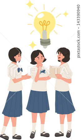 Schoolgirls Discussing Ideas and Problem Solving with Light Bulb Concept 143390940