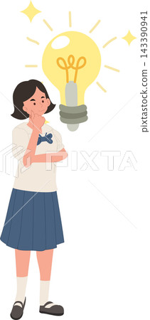 Schoolgirl With Bright Idea Light Bulb Learning Knowledge and Problem Solving Concept 143390941