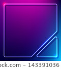 Futuristic neon frame glowing bright pink purple and cyan blue on a dark gradient background in a night club digital display, tech modern cyberpunk aesthetic 143391036