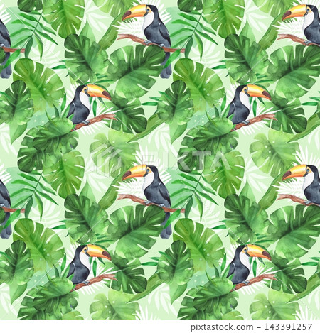 Seamless hand-drawn watercolor pattern featuring toucans on branches among tropical monstera and palm leaves. Exotic jungle foliage background for summer prints and textiles. 143391257