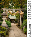 秋日神社鳥居上裝飾著一條用稻草做成的巨蛇；寧靜的日本神社景象。 143391294