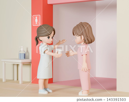 3D CG | 護理師在女廁前遞給一位年輕女子一個紙杯,並解釋尿液檢查流程。 3D CG | 護理師在女廁前遞給一位年輕女子一個紙杯,並解釋尿液檢查流程。 143391503