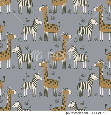 Seamless hand drawn safari pattern featuring giraffes, zebras, and grass on muted gray background for nursery fabric, wallpaper, wrapping, and playful kids decor textiles. Seamless hand drawn safari pattern featuring giraffes, zebras, and grass on muted gray background for nursery fabric, wallpaper, wrapping, and playful kids decor textiles. 143391552
