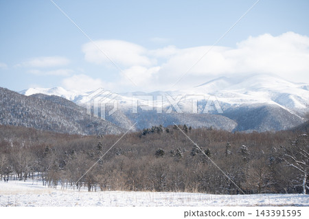 白雪皚皚的平原和冬日的樹木俯瞰著知床山脈 白雪皚皚的平原和冬日的樹木俯瞰著知床山脈 143391595