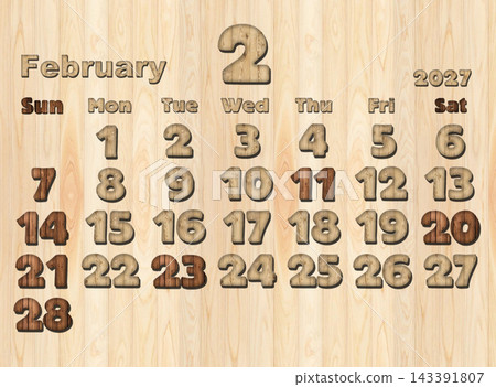 2027 Calendar, Wood Grain, February 2027 Calendar, Wood Grain, February 143391807