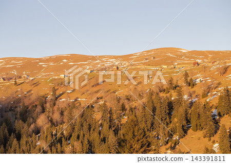 Golden autumn sunset over mountain slopes covered with pine forest and dry grass 143391811
