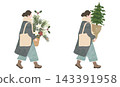 A set of a woman walking with plants for Christmas decorations. 143391958
