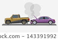 Accident showing a damaged of two car.  Purple sedan slammed into with great force of rear ending a pickup truck with smoke billowing from the broken engine hood. Bumper and front grille came off. 143391992