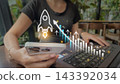 Startup launch business growth concept with laptop smartphone and holographic rocket icons for innovation templates 143392034
