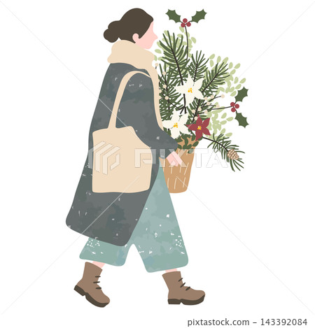 A woman walking with Christmas plants in her arms. A woman walking with Christmas plants in her arms. 143392084