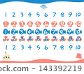 Marine motif and handwritten number icon set 1-10 (crayon style, solid color, numbering) 143392219