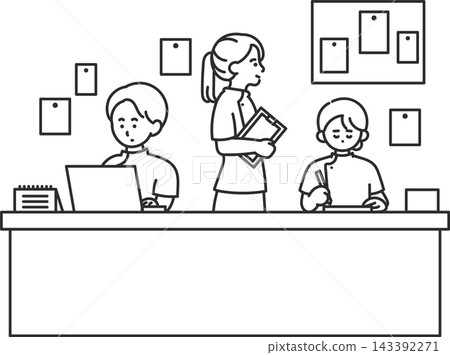 An illustration depicting a nurse's station (line art only). An illustration depicting a nurse's station (line art only). 143392271
