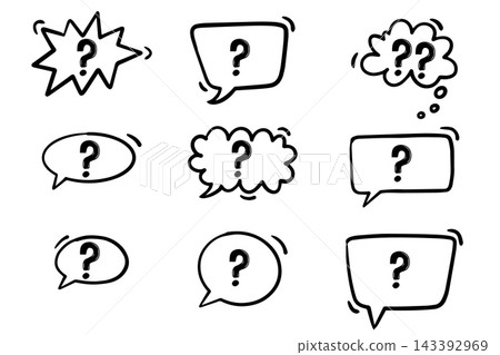 Hand drawn question marks inside speech bubbles in doodle style, isolated on a white background. Creative communication and inquiry symbols ideal for FAQ sections, customer support, online chat Hand drawn question marks inside speech bubbles in doodle style, isolated on a white background. Creative communication and inquiry symbols ideal for FAQ sections, customer support, online chat 143392969
