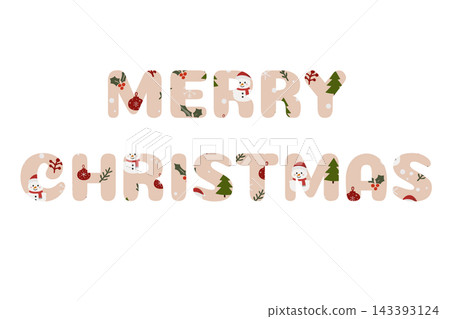 Beige lettering Merry Christmas patterned with cute snowmen and ornaments isolated on transparent or white background for festive card design Beige lettering Merry Christmas patterned with cute snowmen and ornaments isolated on transparent or white background for festive card design 143393124