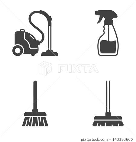 Minimalist Black Cleaning Tools Icons Set: Vacuum Cleaner, Spray Bottle, Broom, Mop Minimalist Black Cleaning Tools Icons Set: Vacuum Cleaner, Spray Bottle, Broom, Mop 143393660