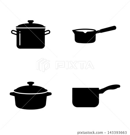 Black Kitchen Ware Silhouettes: Pans, Pots, and Lids on White Background 143393663