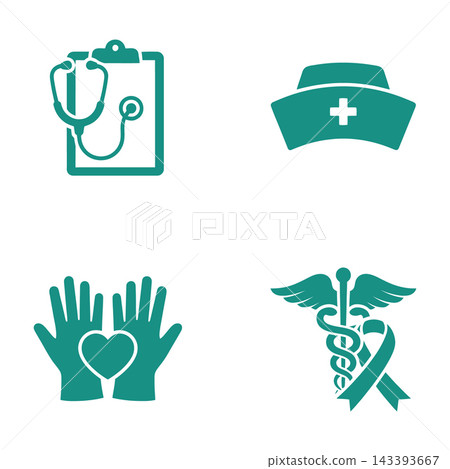 Teal Medical Icons Set Featuring Stethoscope, Nurse Cap, Gloves And Caduceus 143393667