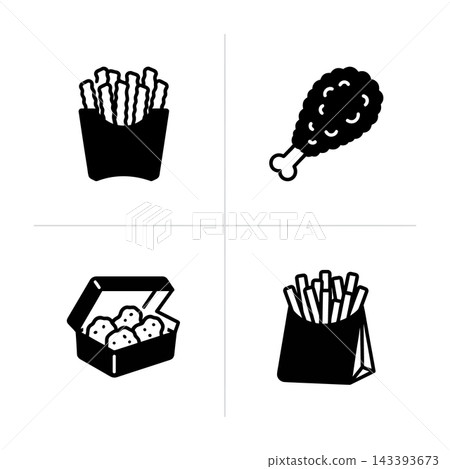 Black and White Fast Food Icons Set: Fries, Drumstick, and Box of Buns Black and White Fast Food Icons Set: Fries, Drumstick, and Box of Buns 143393673