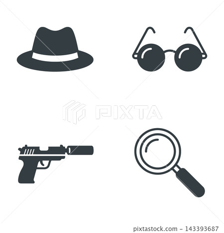 Detective Hat Sunglasses Handgun and Magnifying Glass Icon Set Detective Hat Sunglasses Handgun and Magnifying Glass Icon Set 143393687