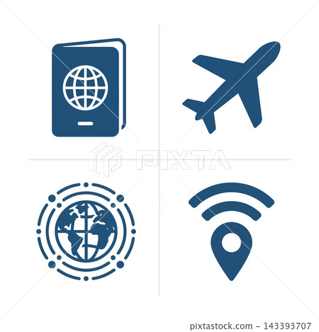 Travel icons set with airplane, passport, globe and wifi symbol 143393707
