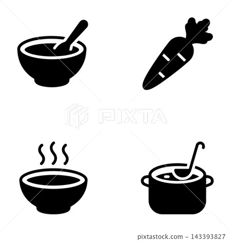Black silhouettes of bowls and carrot for cooking or food preparation illustration Black silhouettes of bowls and carrot for cooking or food preparation illustration 143393827