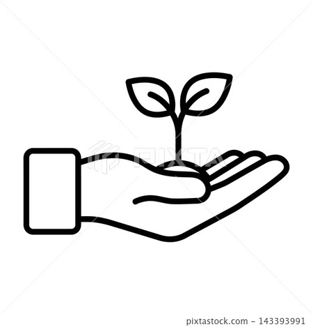 Hand holding small plant with two leaves growing from soil 143393991