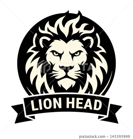 Lion head logo with mane and banner Lion head logo with mane and banner 143393999