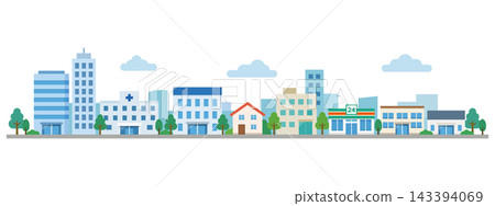 An illustration of a cityscape lined with modern buildings and hospitals. An illustration of a cityscape lined with modern buildings and hospitals. 143394069