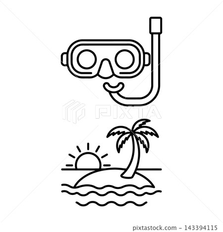 Scuba Diving Mask with Snorkel and Tropical Island Beach Scene Line Icon 143394115