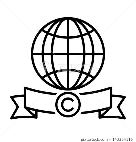 Copyright Icon With Globe And Ribbon, Black Line Art Symbol, Legal Protection 143394116