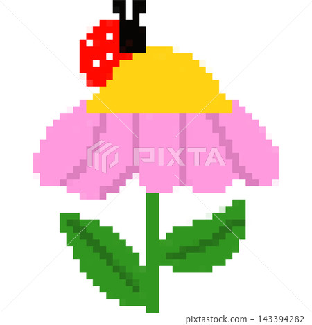 Cute pixel art ladybug resting on pink flower petal, 8-bit spring floral icon Cute pixel art ladybug resting on pink flower petal, 8-bit spring floral icon 143394282