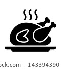 Steaming Roast Chicken Icon on White Plate, Black Minimalist Food Symbol 143394390