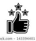 Black and white thumbs up icon with three stars for rating and approval 143394401