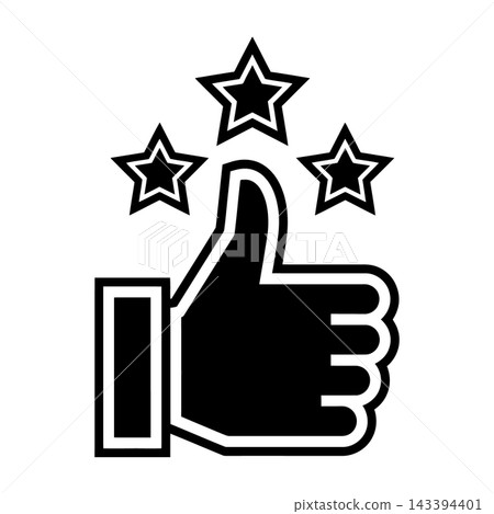 Black and white thumbs up icon with three stars for rating and approval Black and white thumbs up icon with three stars for rating and approval 143394401
